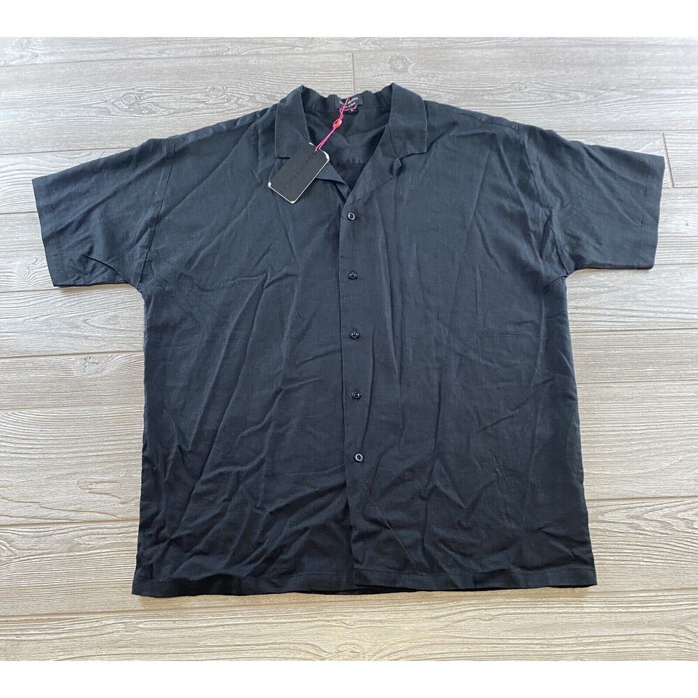 South Beach Men's Large Black Button Up Short Sleeve Shirt Collared Linen Blend